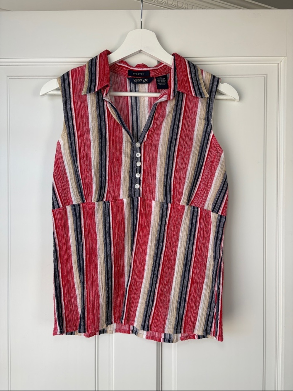 Y2K Krazy Kat Red Striped Sleeveless Button Polo Top Medium Cotton